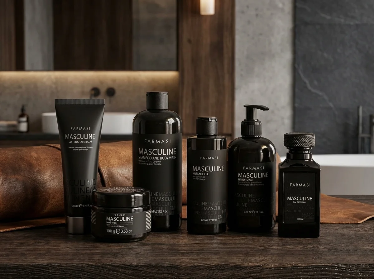 Farmasi men's grooming products — skincare, shaving, fragrance